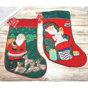NWT Wonderland Velveteen Satin Embroidered Santa Christmas Stockings 18.5" Long